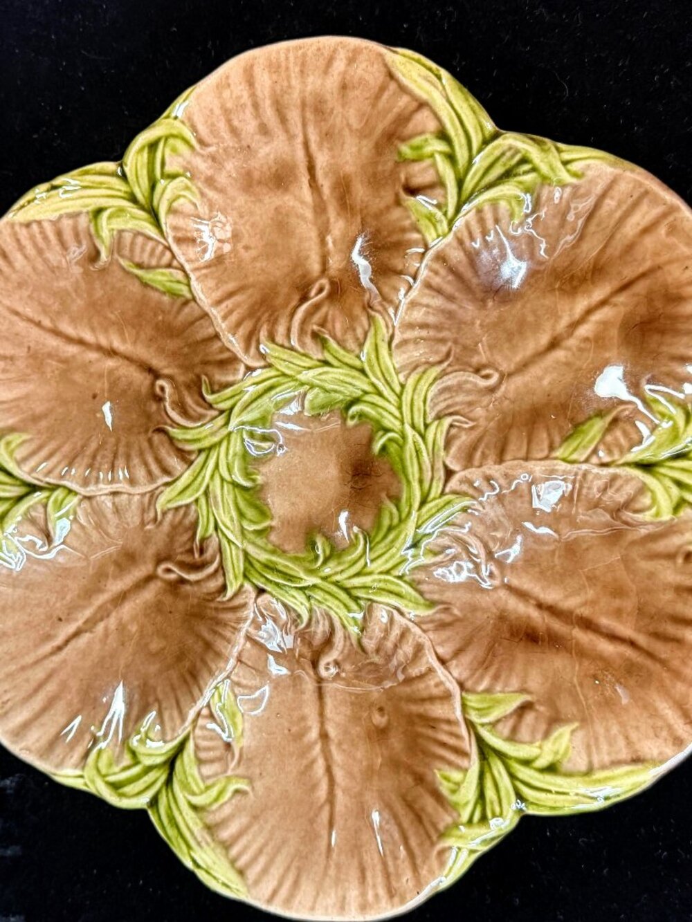 Antique French Majolica Oyster Plate Brown Green Floral 6-Well 8.75" A1247